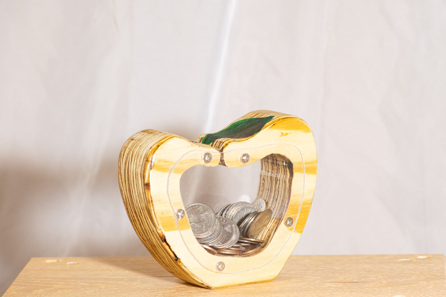 Wooden Apple Bank with Painted Leaf