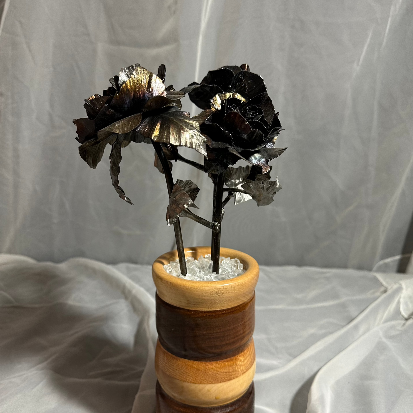 Metal Rose Bouquet in Handmade Wooden Vase