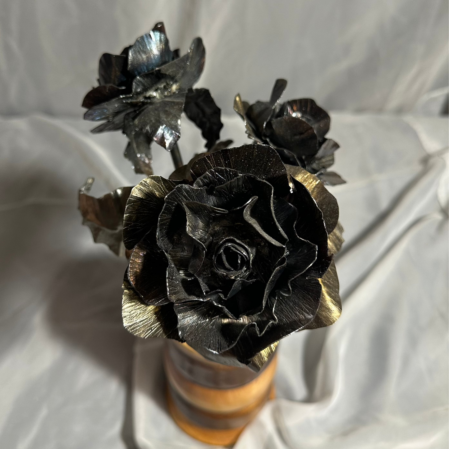 Metal Rose Bouquet in Handmade Wooden Vase