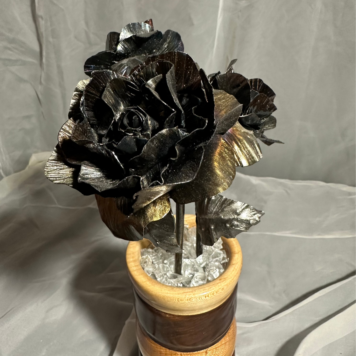 Metal Rose Bouquet in Handmade Wooden Vase