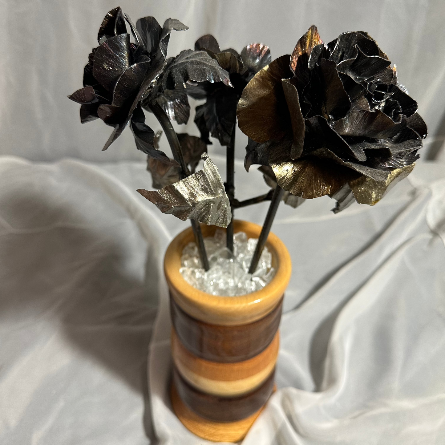 Metal Rose Bouquet in Handmade Wooden Vase