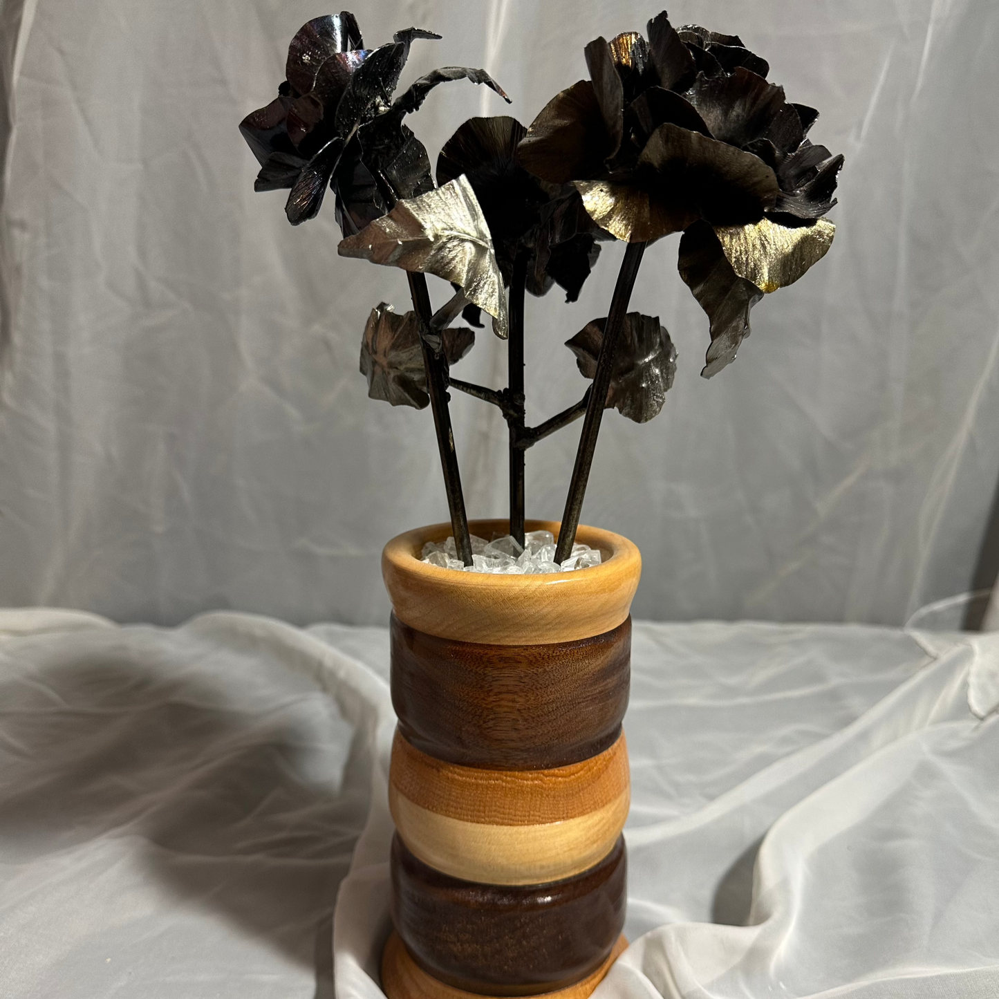 Metal Rose Bouquet in Handmade Wooden Vase