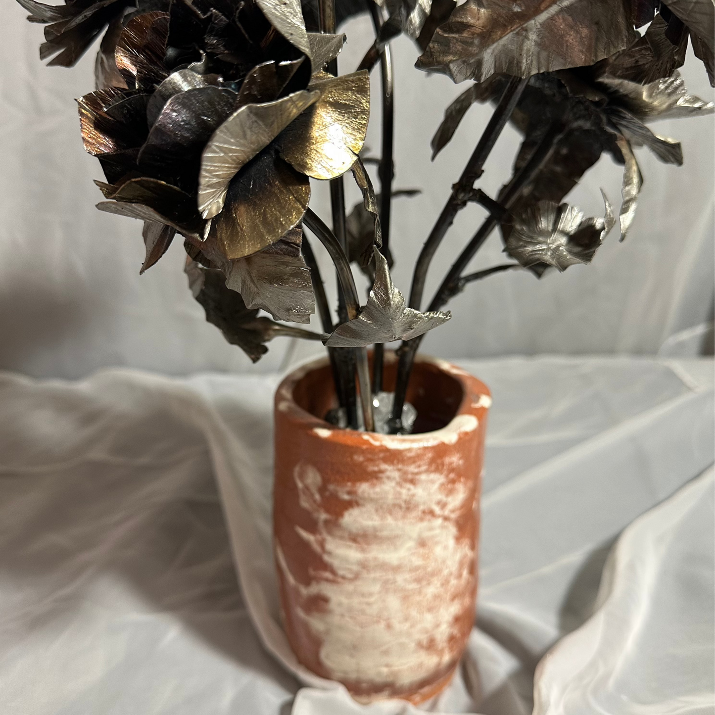 Metal Rose Bouquet in Handmade Ceramic Vase