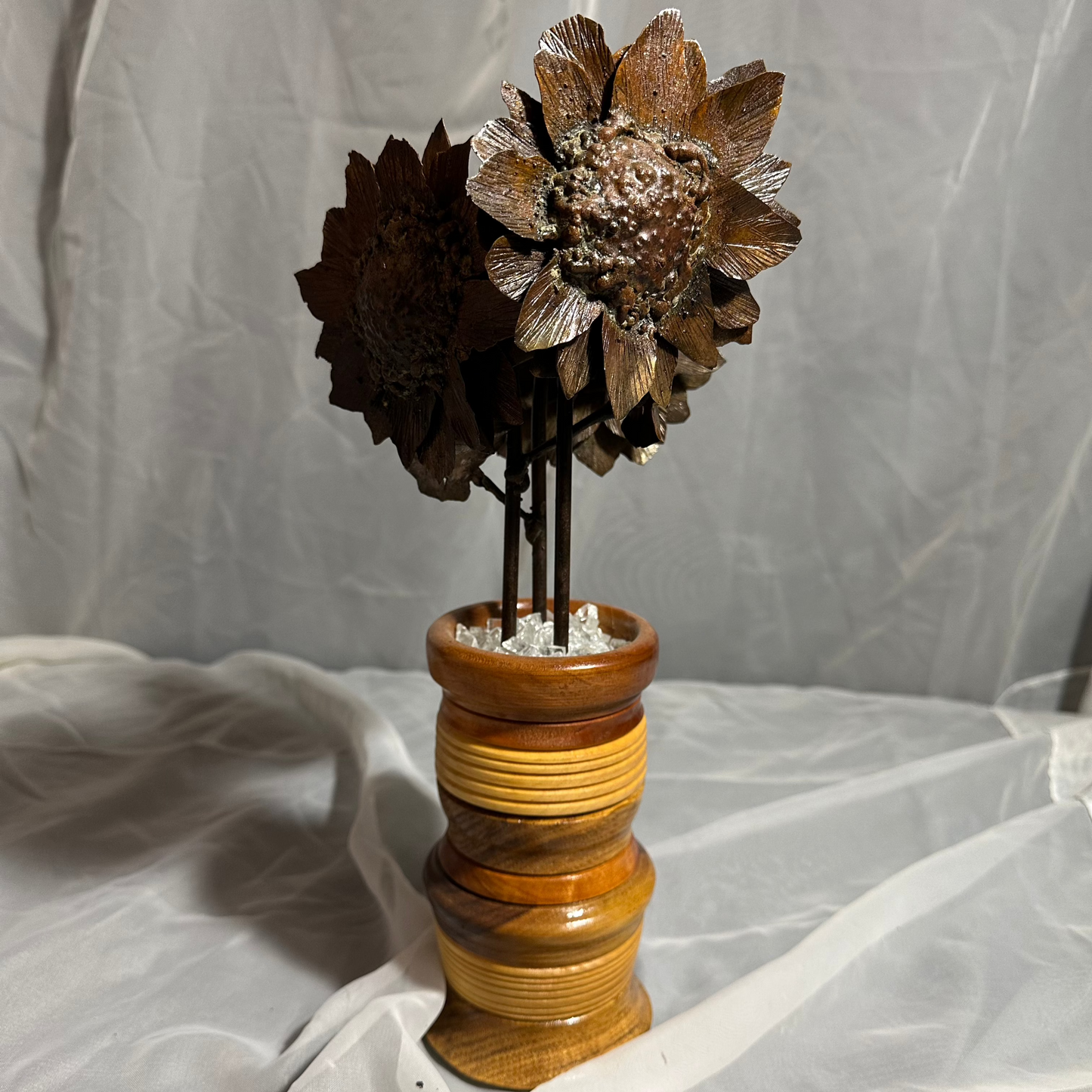 Metal Sunflower Trio in Handmade Wooden Vase