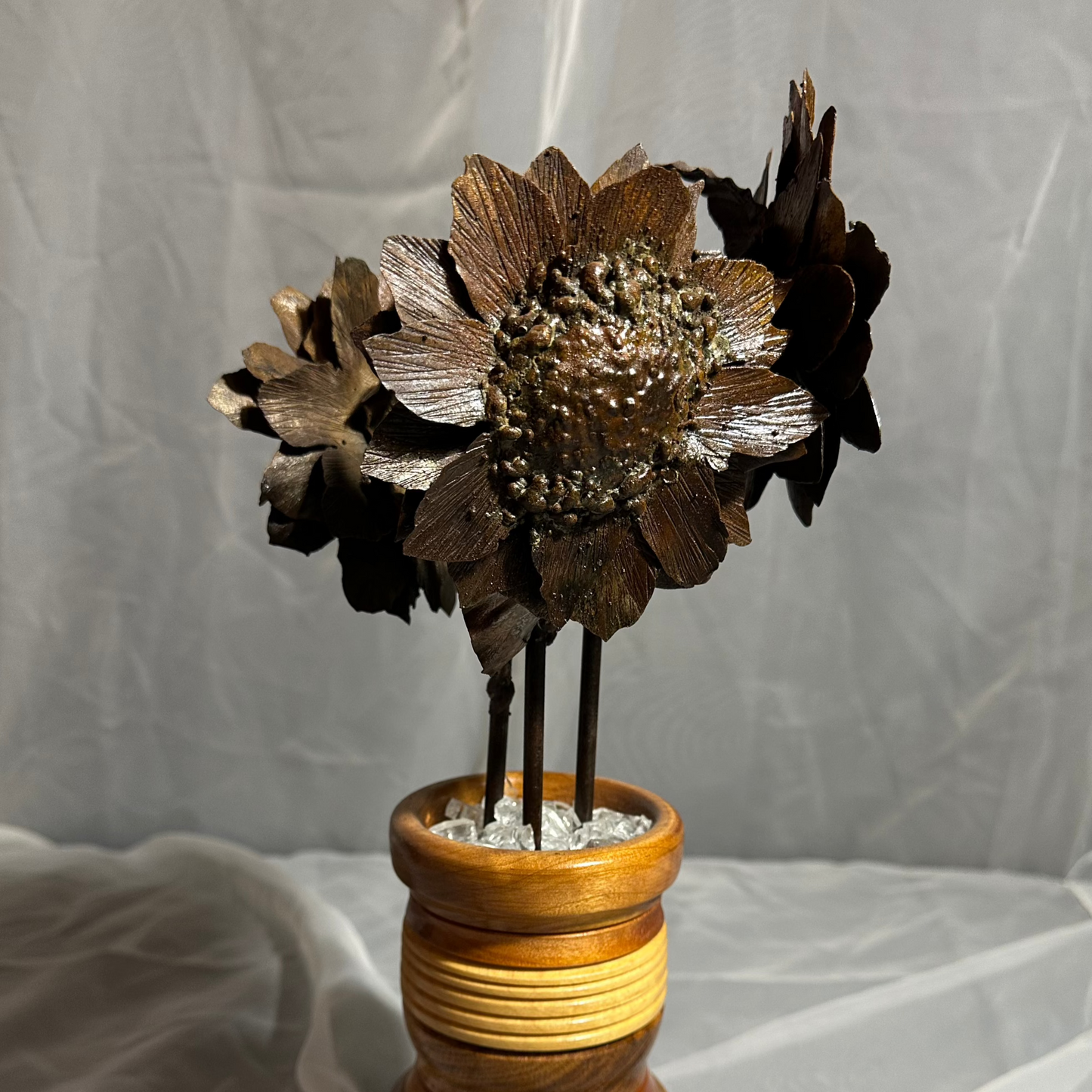 Metal Sunflower Trio in Handmade Wooden Vase