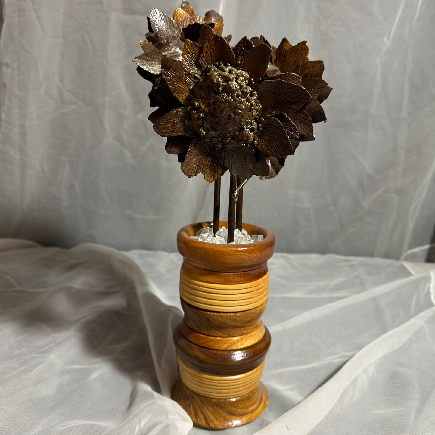 Metal Sunflower Trio in Handmade Wooden Vase